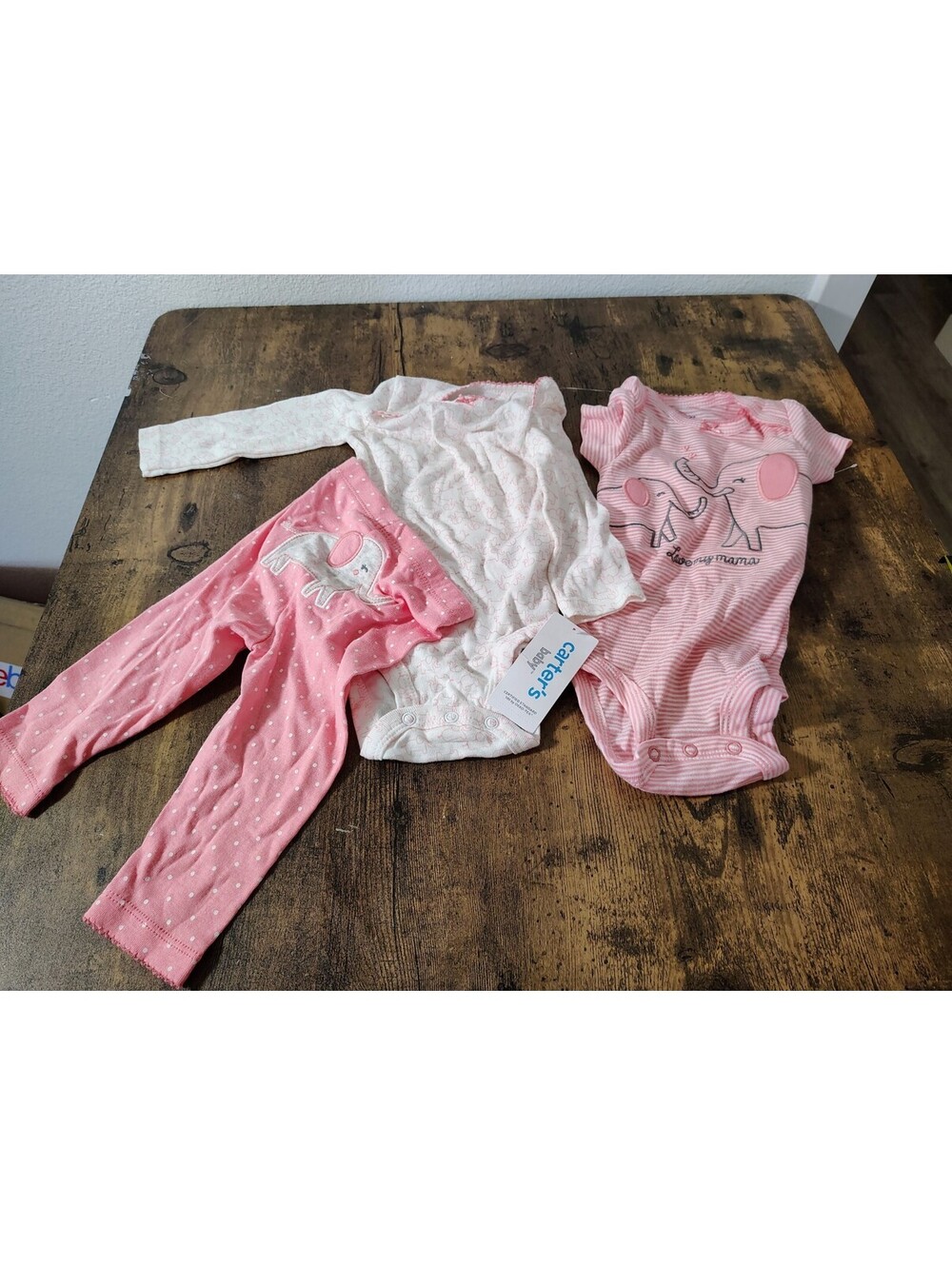 NWT Carter's Baby Girl 3PC Set Elephant Pink White Bodysuits Pants Outfit 6M